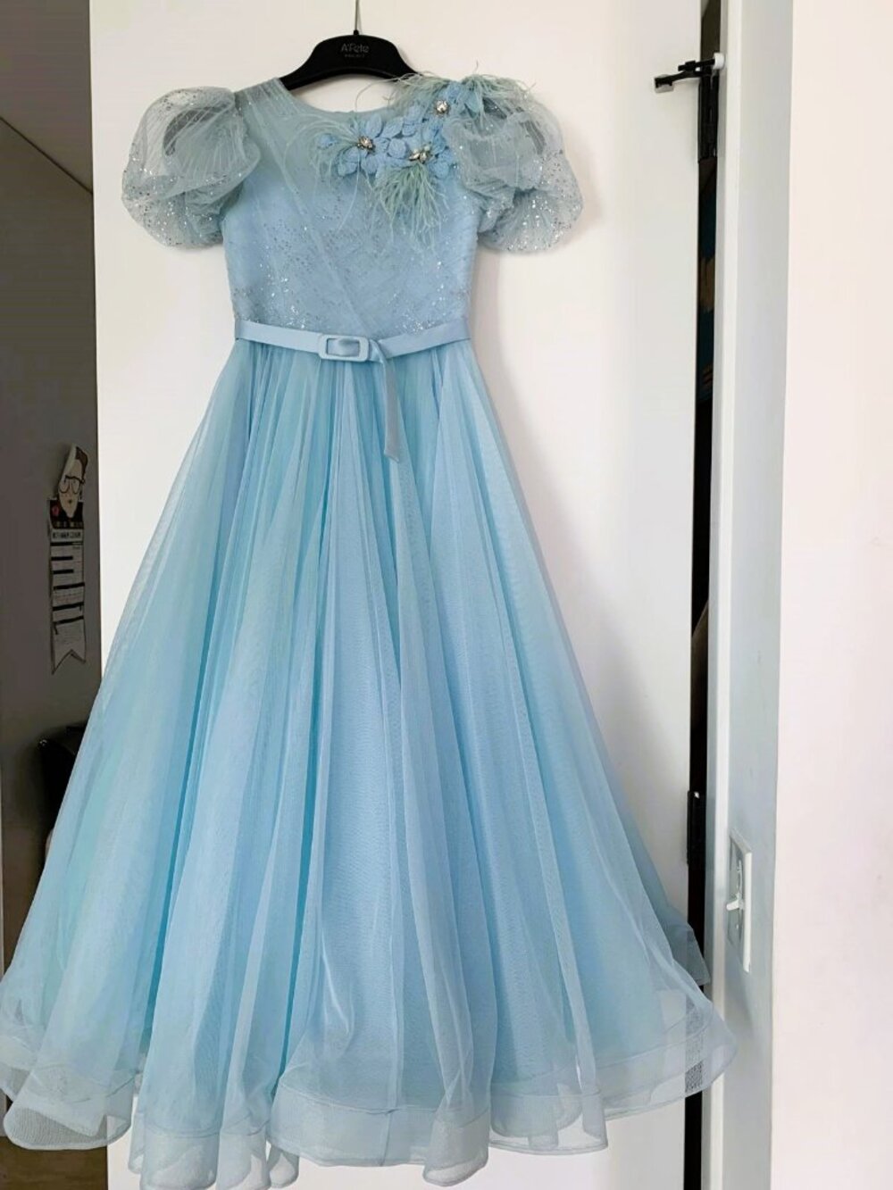 A'Fete Bespoke Couture Gown - Handmade Blue Tulle Crystal Feather Dress Girls 9/